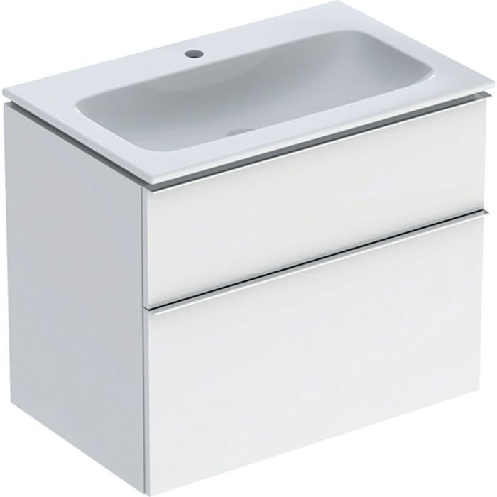 Zestaw łazienkowy wiszący 750 x 480 x 630 mm biały wysoki połysk GEBERIT iCon w komplecie: umywalka meblowa slim z otworem bez przelewu, z szafką pod umywalkę z dwoma szufladami, z zestawem odpływowo-przelewowym, elementy mocujące  | 502336012