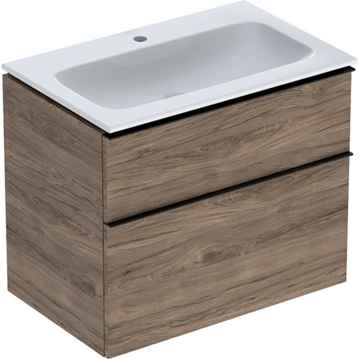 Zestaw łazienkowy wiszący 750 x 480 x 630 mm orzech hickory GEBERIT iCon w komplecie: umywalka meblowa slim z otworem bez przelewu, z szafką pod umywalkę z dwoma szufladami, z zestawem odpływowo-przelewowym, elementy mocujące  | 502336JR1