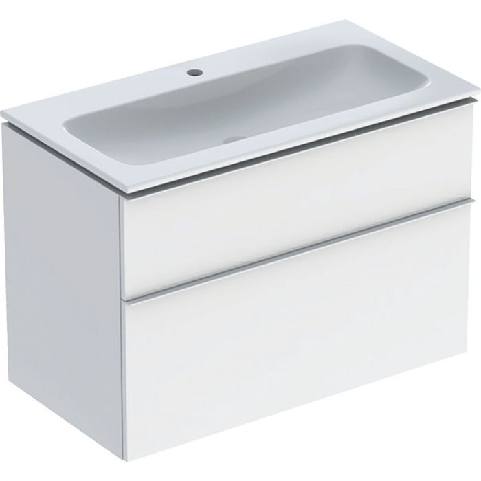 Zestaw łazienkowy wiszący 900 x 480 x 630 mm biały wysoki połysk GEBERIT iCon w komplecie: umywalka meblowa slim z otworem bez przelewu, z szafką pod umywalkę z dwoma szufladami, z zestawem odpływowo-przelewowym, elementy mocujące  | 502337011
