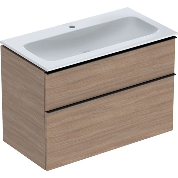 Zestaw łazienkowy wiszący 900 x 480 x 630 mm dąb GEBERIT iCon w komplecie: umywalka meblowa slim z otworem bez przelewu, z szafką pod umywalkę z dwoma szufladami, z zestawem odpływowo-przelewowym, elementy mocujące  | 502337JH1