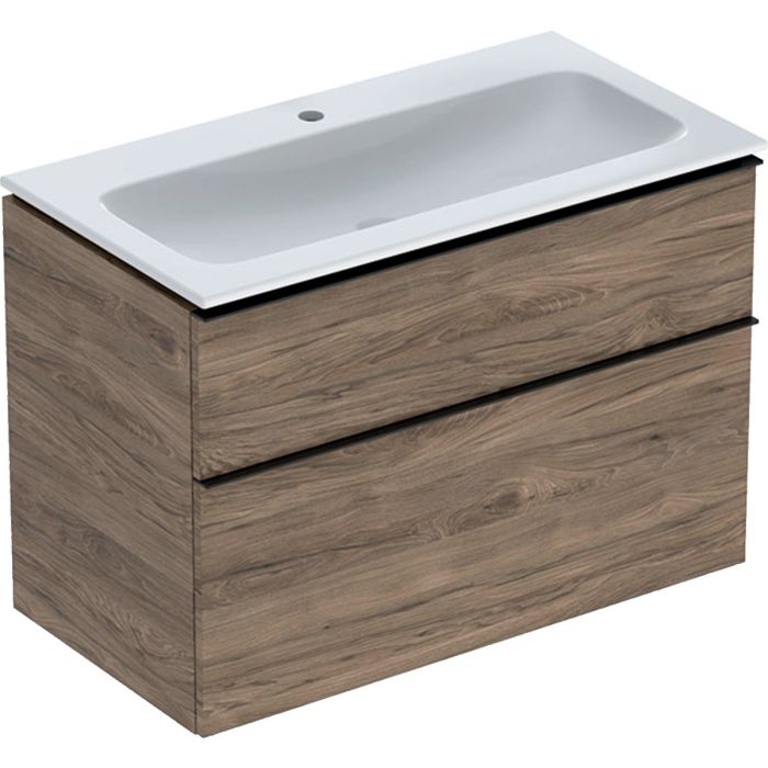 Zestaw łazienkowy wiszący 900 x 480 x 630 mm orzech hickory GEBERIT iCon w komplecie: umywalka meblowa slim z otworem bez przelewu, z szafką pod umywalkę z dwoma szufladami, z zestawem odpływowo-przelewowym, elementy mocujące  | 502337JR1