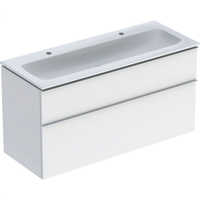 Zestaw łazienkowy wiszący 1200 x 480 x 630 mm biały wysoki połysk GEBERIT iCon w komplecie: umywalka meblowa slim z 2 otworami bez przelewu, z szafką pod umywalkę z dwoma szufladami, z zestawem odpływowo-przelewowym, elementy mocujące  | 502338011
