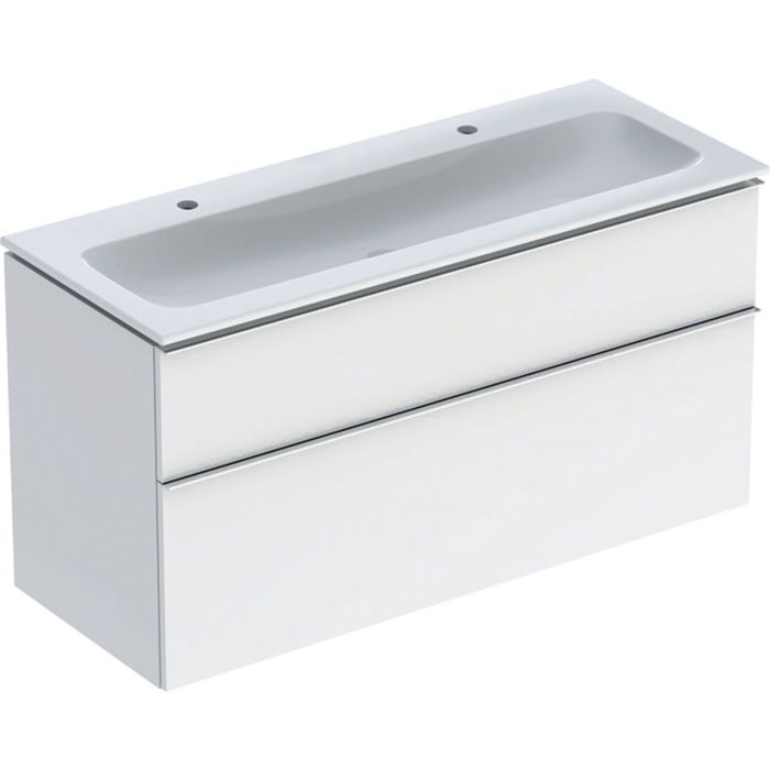 Zestaw łazienkowy wiszący 1200 x 480 x 630 mm biały wysoki połysk GEBERIT iCon w komplecie: umywalka meblowa slim z 2 otworami bez przelewu, z szafką pod umywalkę z dwoma szufladami, z zestawem odpływowo-przelewowym, elementy mocujące  | 502338012