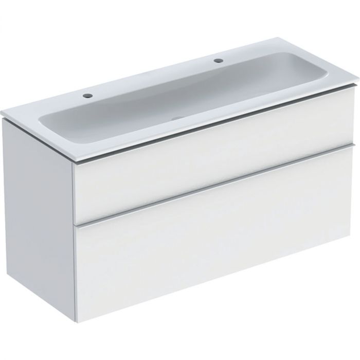 Zestaw łazienkowy wiszący 1200 x 480 x 630 mm biały mat GEBERIT iCon w komplecie: umywalka meblowa slim z 2 otworami bez przelewu, z szafką pod umywalkę z dwoma szufladami, z zestawem odpływowo-przelewowym, elementy mocujące  | 502338013