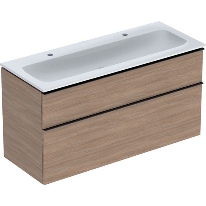 Zestaw łazienkowy wiszący 1200 x 480 x 630 mm dąb GEBERIT iCon w komplecie: umywalka meblowa slim z 2 otworami bez przelewu, z szafką pod umywalkę z dwoma szufladami, z zestawem odpływowo-przelewowym, elementy mocujące  | 502338JH1