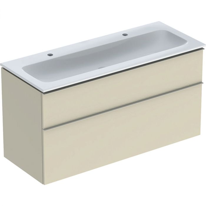 Zestaw łazienkowy wiszący 1200 x 480 x 630 mm szary piaskowy wysoki połysk GEBERIT iCon w komplecie: umywalka meblowa slim z 2 otworami bez przelewu, z szafką pod umywalkę z dwoma szufladami, z zestawem odpływowo-przelewowym, elementy mocujące  | 502338JL