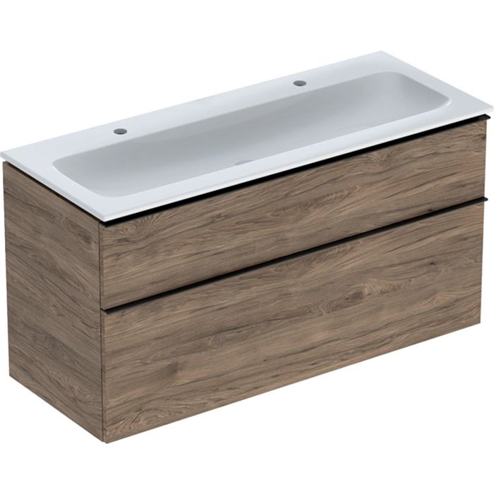 Zestaw łazienkowy wiszący 1200 x 480 x 630 mm orzech hickory GEBERIT iCon w komplecie: umywalka meblowa slim z 2 otworami bez przelewu, z szafką pod umywalkę z dwoma szufladami, z zestawem odpływowo-przelewowym, elementy mocujące  | 502338JR1
