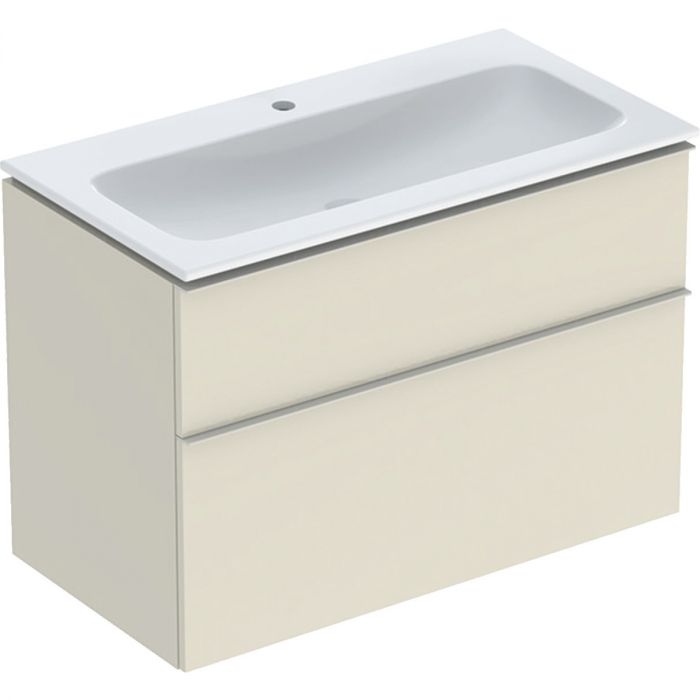 Zestaw łazienkowy wiszący 900 x 480 x 630 mm szary piaskowy wysoki połysk GEBERIT iCon w komplecie: umywalka meblowa slim z otworem bez przelewu, z szafką pod umywalkę z dwoma szufladami, z zestawem odpływowo-przelewowym, elementy mocujące | 502333JL1