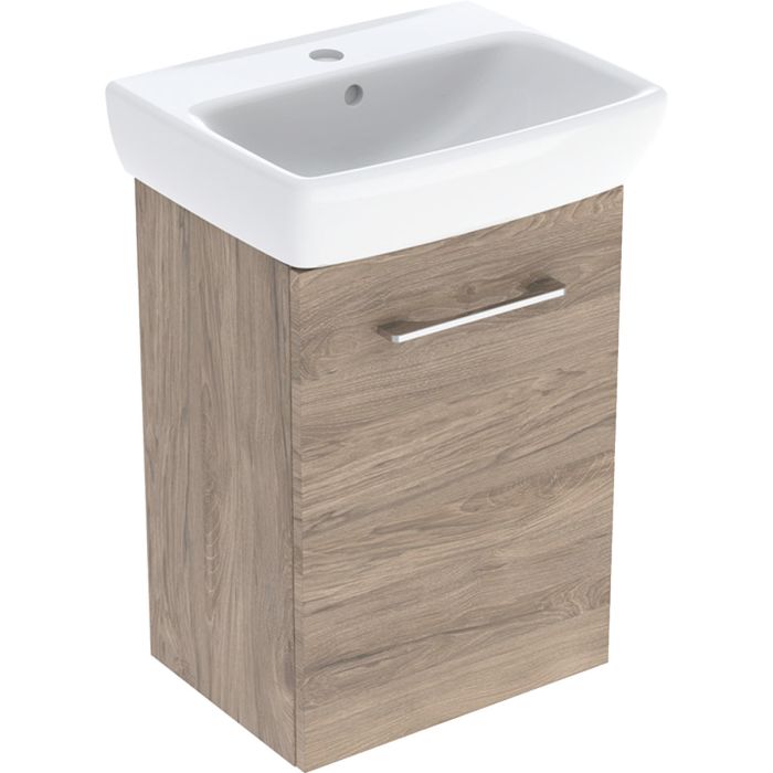 Zestaw łazienkowy 450 x 350 x 649 mm orzech hickory / melaminowa struktura drewna GEBERIT SELNOVA SQUARE w zestawie: szafka pod umywalkę z jednymi drzwiami, umywalka kompaktowa, zestaw mocujący, uchwyt  | 502748001