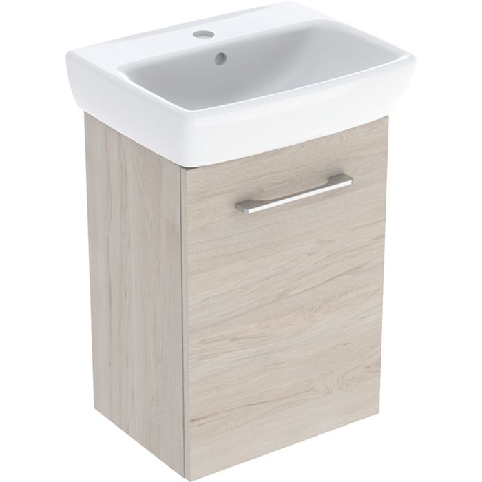 Zestaw łazienkowy 450 x 350 x 649 mm orzech hickory jasny / melaminowa struktura drewna GEBERIT SELNOVA SQUARE w zestawie: szafka pod umywalkę z jednymi drzwiami, umywalka kompaktowa, zestaw mocujący, uchwyt  | 502749001