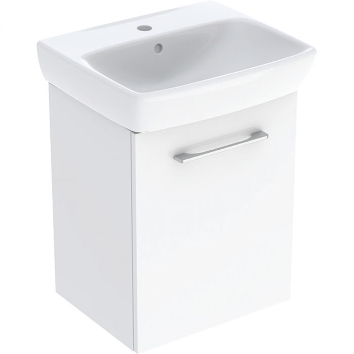 Zestaw łazienkowy 500 x 420 x 652 mm biały / lakierowany na wysoki połysk szafka 1-drzwiowa z półką zamocowaną na stałe GEBERIT SELNOVA SQUARE w zestawie: szafka pod umywalkę z jednymi drzwiami, z umywalka meblowa, zestaw mocujący, uchwyt | 502750001