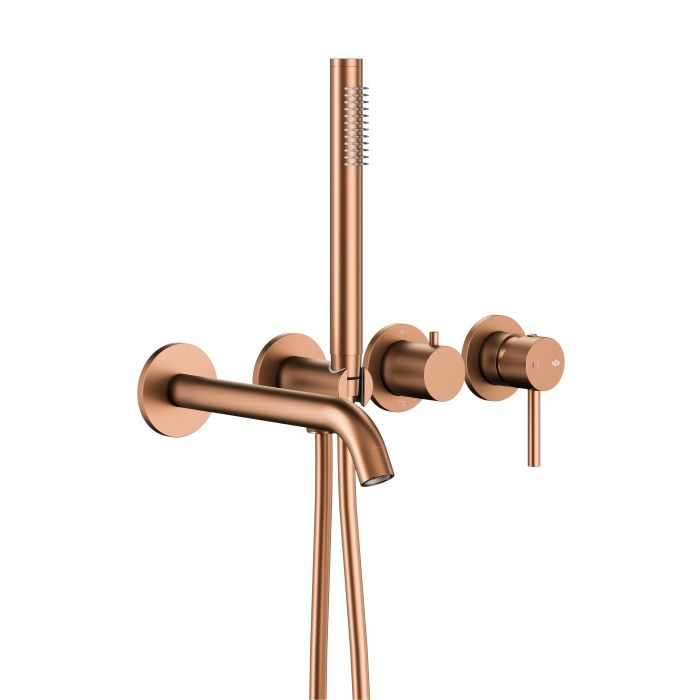 Zestaw wannowy podtynkowy ARMATURA KRAKÓW MOZA mosiężny brushed rose gold PVD w komplecie: bateria 3-otworowa, 2-funkcyjna, wylot, oraz rączka natrysku, przyłącze ścienne podtynkowe kątowe, wąż  | 503941134