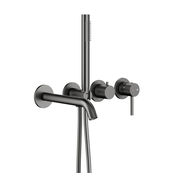 Zestaw wannowy podtynkowy ARMATURA KRAKÓW MOZA mosiężny gun metal grey PVD w komplecie: bateria 3-otworowa, 2-funkcyjna, wylot, oraz rączka natrysku, przyłącze ścienne podtynkowe kątowe, wąż  | 503941161