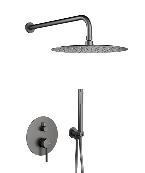 Zestaw prysznicowy podtynkowy, z baterią 3-funkcyjną ARMATURA KRAKÓW MOZA mosiężny gun metal grey PVD w komplecie bateria kompletna, ramię, dysk oraz rączka natrysku, przyłącze ścienne kątowe  | 503950161