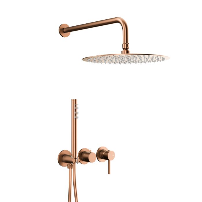 Zestaw prysznicowy ARMATURA KRAKÓW MOZA mosiężny podtynkowy brushed rose gold PVD w komplecie: bateria 3-otworowa, 2-funkcyjna, ramię, dysk oraz rączka natrysku, przyłącze ścienne podtynkowe kątowe, wąż  | 503951134