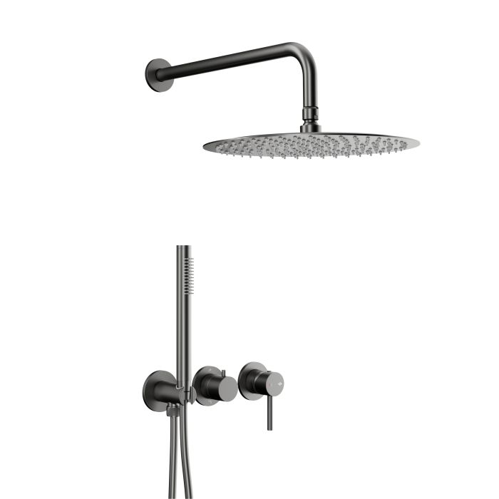Zestaw prysznicowy ARMATURA KRAKÓW MOZA mosiężny podtynkowy gun metal grey w komplecie: bateria 3-otworowa, 2-funkcyjna, ramię, dysk oraz rączka natrysku, przyłącze ścienne podtynkowe kątowe, wąż  | 503951161