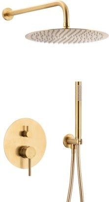MOZA zestaw prysznicowy podtynkowy złoty szczotkowany w komplecie: baterię kompletna 3-funkcyjna, ramię, dysk oraz rączka natrysku, przyłącze ścienne kątowe, wąż 1500 mm