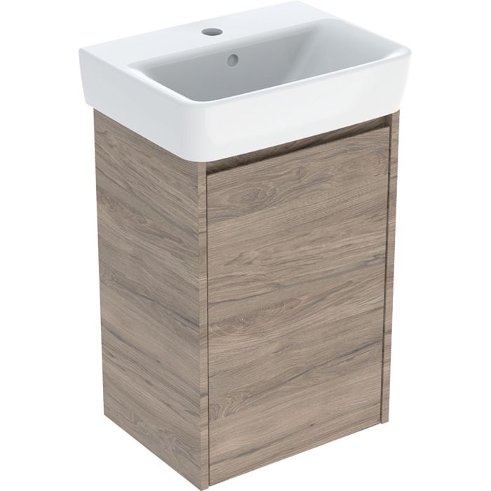 Zestaw łazienkowy 450 x 340 x 697 mm orzech hickory / melaminowa struktura drewna GEBERIT SELNOVA SQUARE z szafką z jednymi drzwiami, małą umywalką z otworem i przelewem, elementami mocującym  | 504131JR1
