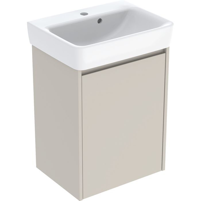 Zestaw łazienkowy 500 x 380 x 697 mm piaskowoszary / lakierowany jedwabny mat GEBERIT SELNOVA SQUARE z szafką z jednymi drzwiami, małą umywalką z otworem i przelewem, elementami mocującym  | 504132DB1