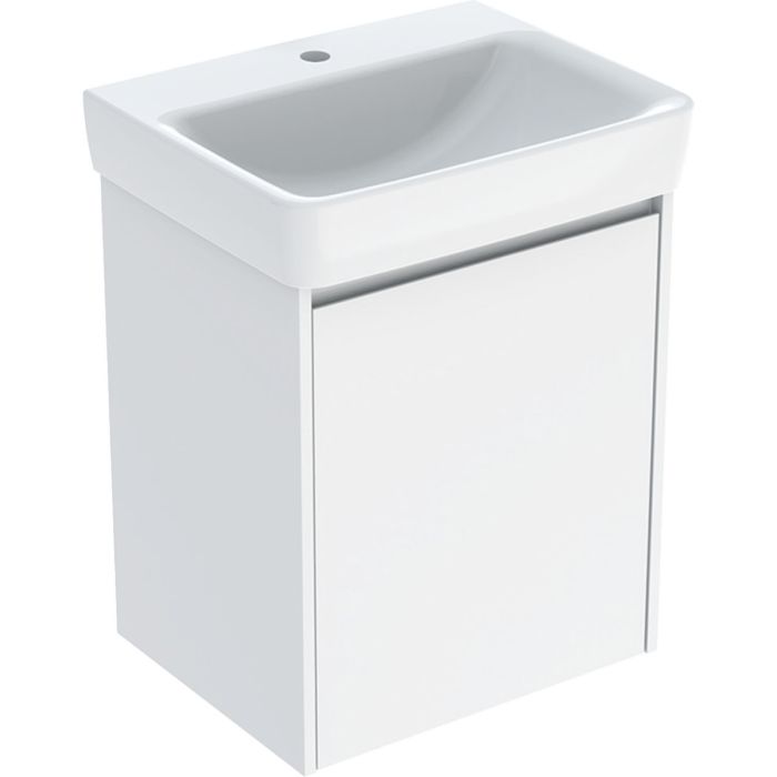 Zestaw łazienkowy 500 x 380 x 697 mm biały / lakierowany jedwabny połysk GEBERIT SELNOVA SQUARE z szafką z jednymi drzwiami, małą umywalką z otworem i przelewem, elementami mocującym  | 504132011