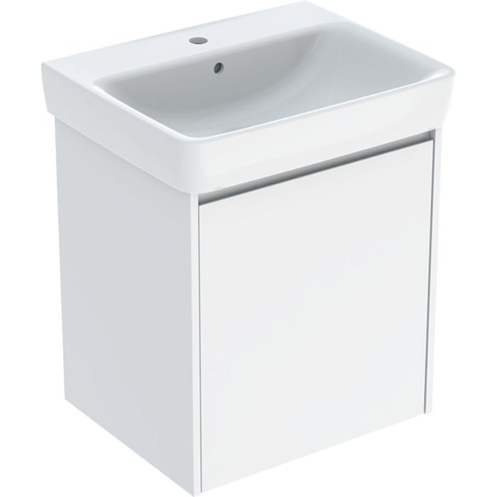 Zestaw łazienkowy 600 x 480 x 697 mm biały / lakierowany jedwabny połysk GEBERIT SELNOVA SQUARE z szafką z jednymi drzwiami, umywalką z otworem i przelewem, elementami mocującym i szablonem montażowym  | 504134011