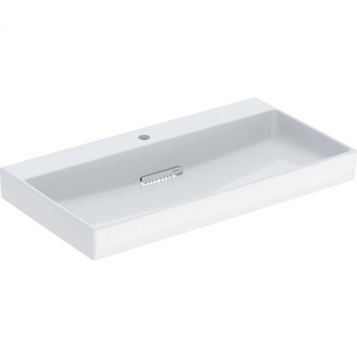 Umywalka ceramiczna GEBERIT One do montażu na blatach stawiana na blat prostokątny z otworem bez przelewu odpływ poziomy, z niewidoczną funkcją przelewu, ze zintegrowanym wkładem grzebieniowym 500 x 410 x 142 mm biała z powłoką KeraTect | 505019001