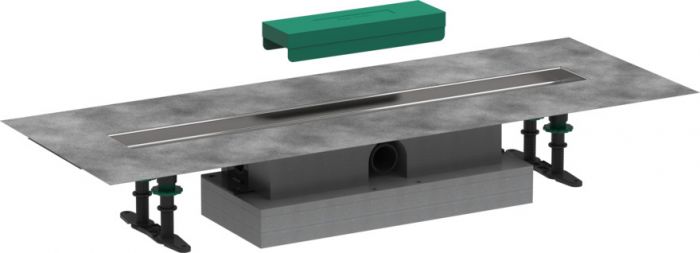 Zestaw podstawowy do odpływu liniowego położenie odpływu poziome HANSGROHE uBOX Universal pasuje do wszystkich elementów zewnętrznych RainDrain Rock i RainDrain Match stal szlachetna 304 700 x 134 x 20 mm, przyłącze DN40 montaż przy ścianie, dowolny monta