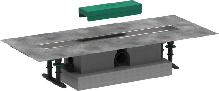 Zestaw podstawowy do odpływu liniowego położenie odpływu poziome HANSGROHE uBOX Universal pasuje do wszystkich elementów zewnętrznych RainDrain Rock i RainDrain Match, do montażu standardowego stal szlachetna 304 600 x 134 x 20 mm, przyłącze DN50, wysokoś