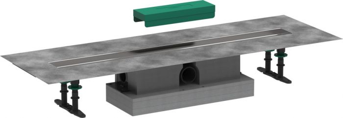 Zestaw podstawowy do odpływu liniowego położenie odpływu poziome HANSGROHE uBOX Universal pasuje do wszystkich elementów zewnętrznych RainDrain Rock i RainDrain Match, do montażu standardowego stal szlachetna 304 800 x 134 x 20 mm, przyłącze DN50, wysokoś