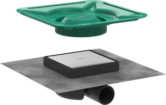 Odpływ punktowy HANSGROHE RainDrain Spot montaż dowolny w podłodze, nadaje się do każdego rodzaju i każdej grubości płytek ze stali szlachetnej 304 146 x 146 mm obrotowy i regulowany korpus syfonu | 56112800