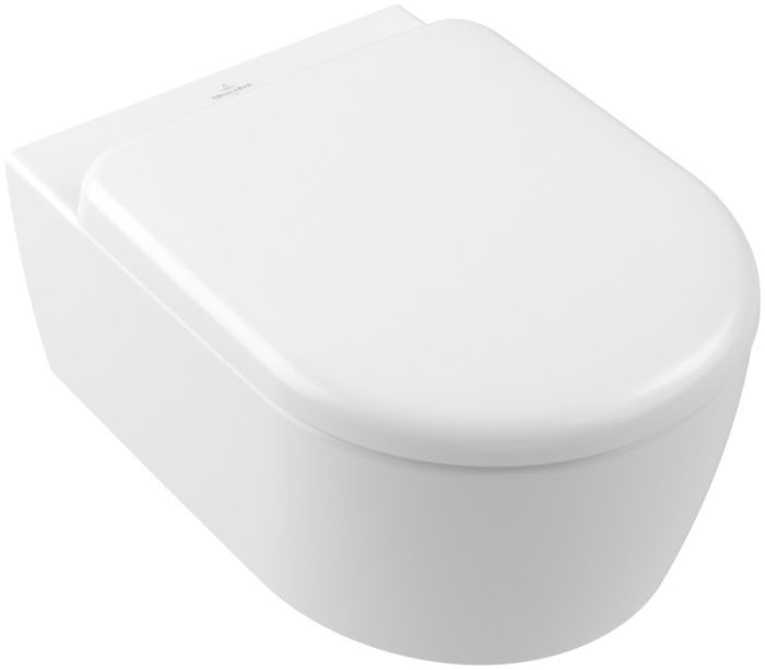 Miska WC wisząca z powłoką CeramicPlus VILLEROY & BOCH Skyla  bez kołnierza wirowa TwistFlush 37 x 53 cm stone white z deską sedesową  | 5656CLRW
