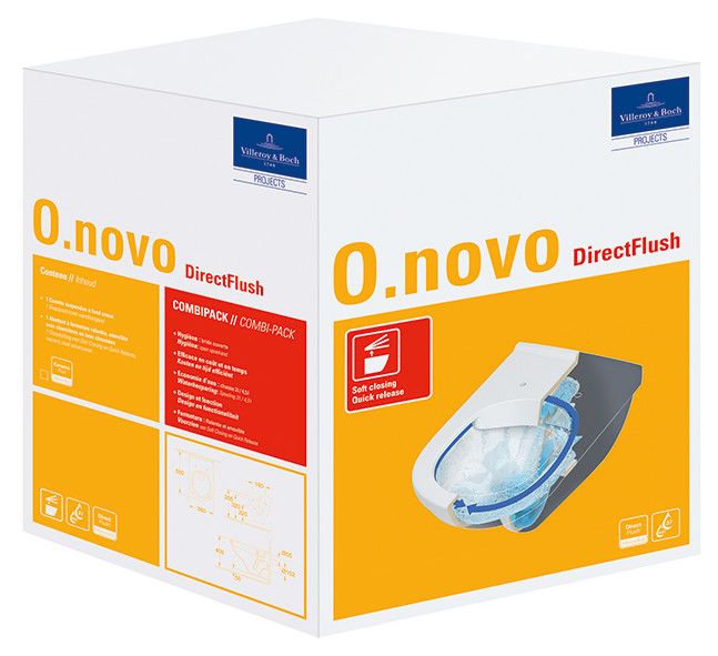 Combi-pack ceramiczny z powłoką CeramicPlus VILLEROY & BOCH O.novo zawiera: miskę ustępową lejową DirectFlush 5660 R0 R1, deskę sedesową z zawiasami QuickRelease i SoftClosing 9M38 S1 01 weiss alpin | 5660HRR1