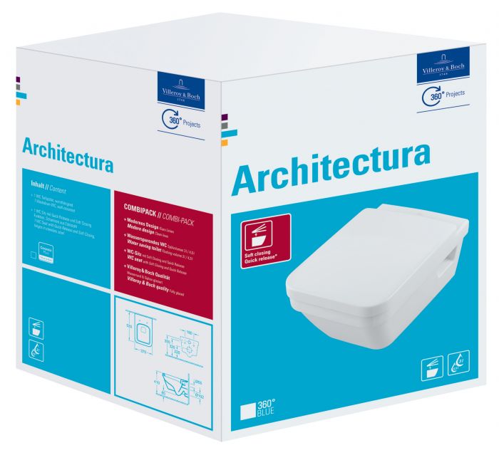 Architectura combi-pack ceramiczny wiszący odpływ poziomy weiss alpin z powłoką CeramicPlus zawiera: miskę ustępową lejową DirectFlush 5685 R0 R1, deskę sedesową z zawiasami QuickRelease i SoftClosing 9M58 S1 01