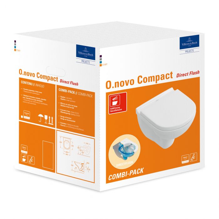 Combi-pack ceramiczny z powłoką CeramicPlus VILLEROY & BOCH O.novo zawiera: miskę ustępową lejową Compact DirectFlush 5688 R0 R1, deskę sedesową z zawiasami QuickRelease i SoftClosing 9M38 S1 01 weiss alpin | 5688HRR1