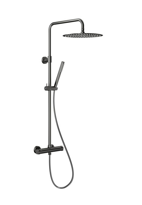 Deszczownia ARMATURA KRAKÓW MOZA PREMIUM mosiężna gun metal grey PVD w komplecie: bateria natryskowa termostatyczna, drążek, dysk przegubowy, rączka z uchwytem, zestaw montażowy, wąż natrysku PVC 1500 mm, rękawiczki montażowe białe  | 573692061