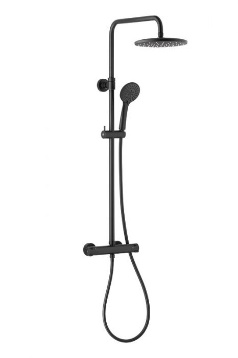 MOZA deszczownica czarna w komplecie bateria natryskowa termostatyczna, drążek 850 - 1250 mm, rączka 3-strumieniowa , talerz natrysku 225 mm, wąż 1500 mm