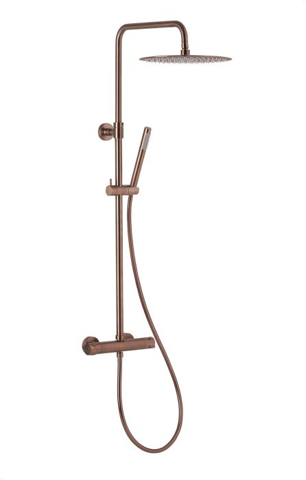 Deszczowania z baterią termostatyczną ścienna ARMATURA KRAKÓW Moza montaż 2-otworowy brushed rose gold w zestawie: drążek natrysku, dysk przegubowy, rączka natrysku z uchwytem, zestaw montażowy (mimośrody z uszczelkami + rozety walcowe ‒ 2 szt., mocowanie