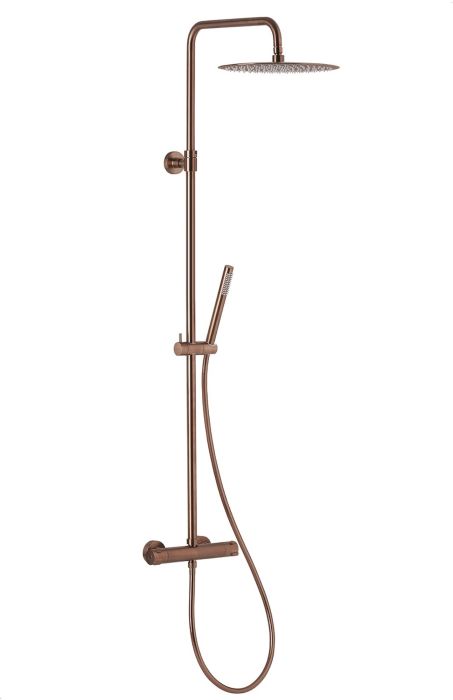 Deszczownia wannowa z baterią termostatyczną ścienną ARMATURA KRAKÓW montaż 2-otworowy brushed rose gold w komplecie drążek natrysku, dysk przegubowy, rączka natrysku z uchwytem, zestaw montażowy (mimośrody z uszczelkami + rozety walcowe ‒ 2 szt., mocowan