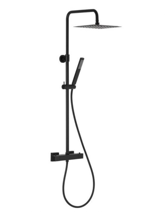 LOGON zestaw prysznicowy mosiężna ścienny deszczownica fi.250mm,  czarny w komplecie: deszczownia premium, bateria natryskowa termostatyczna