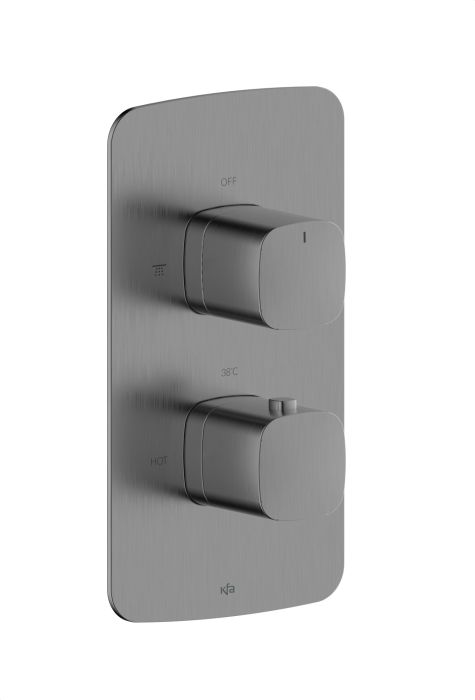 Bateria termostatyczna montaż podtynkowy z boxem montażowym ścienna ARMATURA KRAKÓW Malaga mosiądz gun metal grey PVD w zestawie box, rozeta maskująca, uchwyty regulacyjne | 575900161