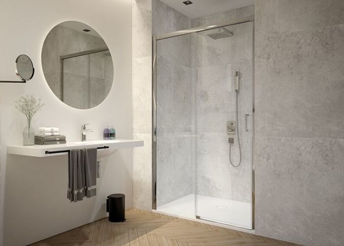 Drzwi przesuwne do wnęki SANPLAST Exa Line D2/EXA LINE-120-130-S 1300 x 2000 mm srebrne błyszczące szkło hartowane transparetne W0 z powłoką Glass protect  | 600540253038401