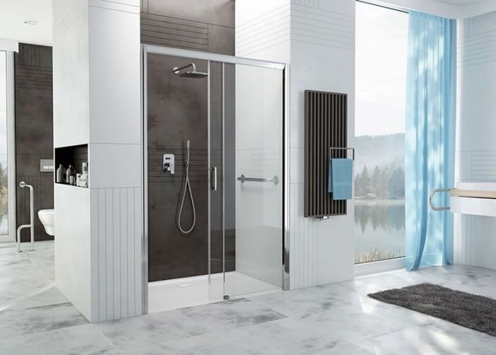Drzwi przesuwne SANPLAST FreeZone D2P/FREEZONE-150-S strona prawa 1500 x 1900 mm srebrne błyszczące szkło hartowane Sitodruk W15 z powłoką Glass protect | 600271322038231