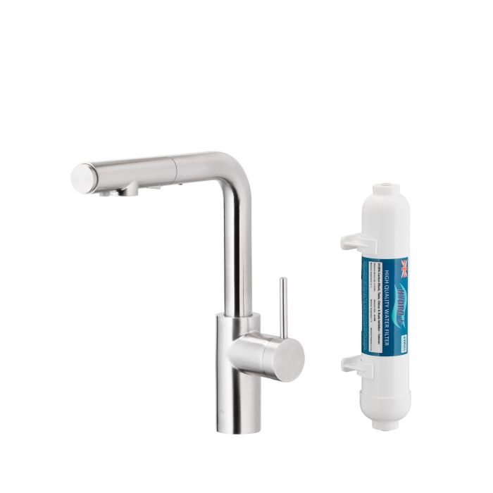 Bateria zlewozmywakowa stojąca z funkcją filtracji wody, filtr HYDRO+ ARMATURA KRAKÓW DUERO PURE BASIC 1-otworowa ze stali nierdzewnej inox z wyciąganą wylewką  | 662311222
