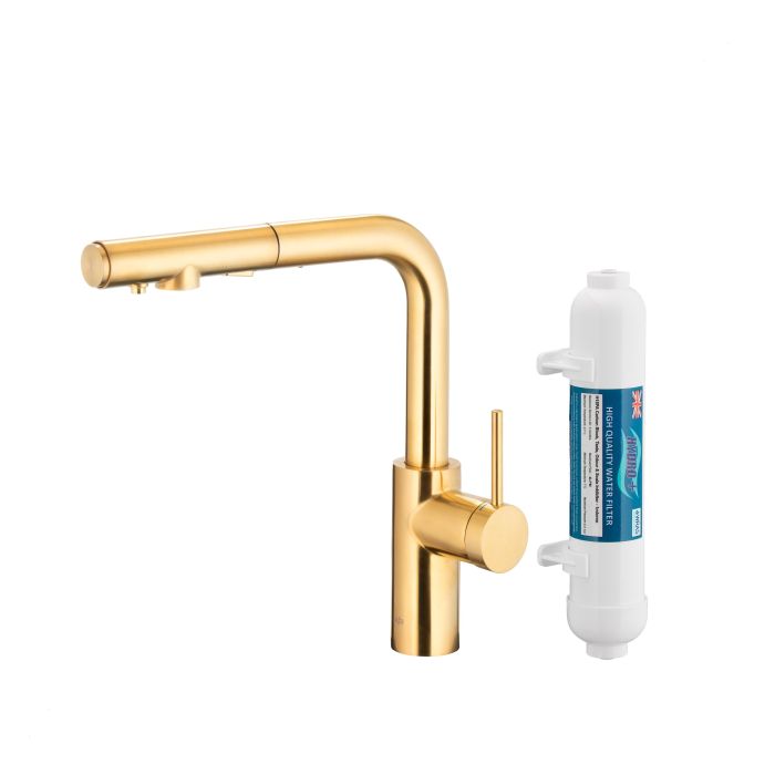 Bateria zlewozmywakowa stojąca z funkcją filtracji wody, filtr HYDRO+ ARMATURA KRAKÓW DUERO PURE BASIC 1-otworowa ze stali nierdzewnej brushed light gold PVD z wyciąganą wylewką  | 662311239
