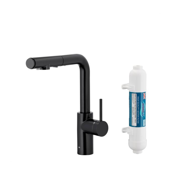 Bateria zlewozmywakowa stojąca z funkcją filtracji wody, filtr HYDRO+ ARMATURA KRAKÓW DUERO PURE BASIC 1-otworowa ze stali nierdzewnej black z wyciąganą wylewką  | 662311281