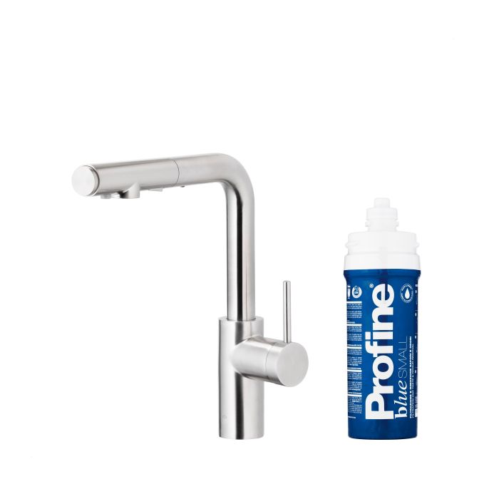 Bateria zlewozmywakowa stojąca z funkcją filtracji wody, filtr BLUE S ARMATURA KRAKÓW DUERO PURE BASIC 1-otworowa ze stali nierdzewnej inox z wyciąganą wylewką  | 662311322