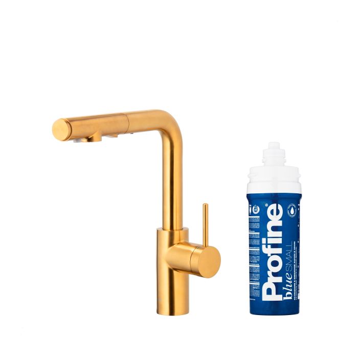 Bateria zlewozmywakowa stojąca z funkcją filtracji wody, filtr BLUE S ARMATURA KRAKÓW DUERO PURE BASIC 1-otworowa ze stali nierdzewnej brushed gold PVD z wyciąganą wylewką  | 662311331