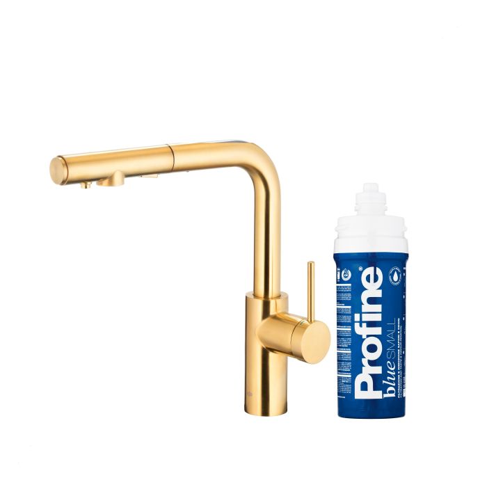 Bateria zlewozmywakowa stojąca z funkcją filtracji wody, filtr BLUE S ARMATURA KRAKÓW DUERO PURE BASIC 1-otworowa ze stali nierdzewnej brushed light gold PVD z wyciąganą wylewką  | 662311339