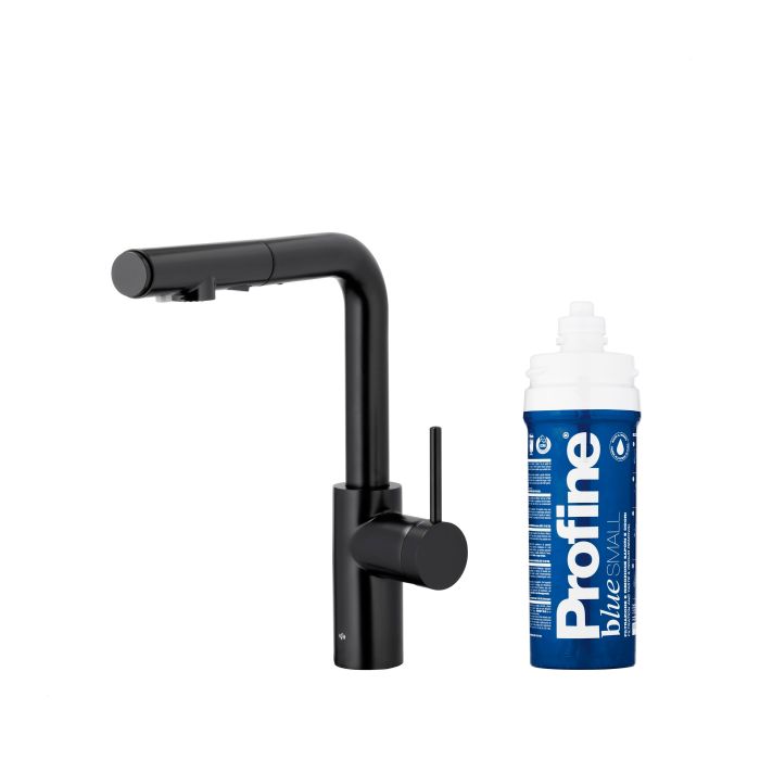 Bateria zlewozmywakowa stojąca z funkcją filtracji wody, filtr BLUE S ARMATURA KRAKÓW DUERO PURE BASIC 1-otworowa ze stali nierdzewnej black z wyciąganą wylewką  | 662311381