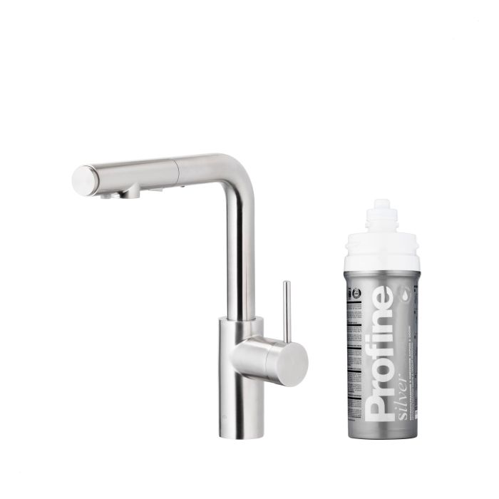 Bateria zlewozmywakowa stojąca z funkcją filtrowania wody, filtr SILVER S ARMATURA KRAKÓW DUERO PURE BASIC 1-otworowa ze stali nierdzewnej inox z wyciąganą wylewką  | 662311422